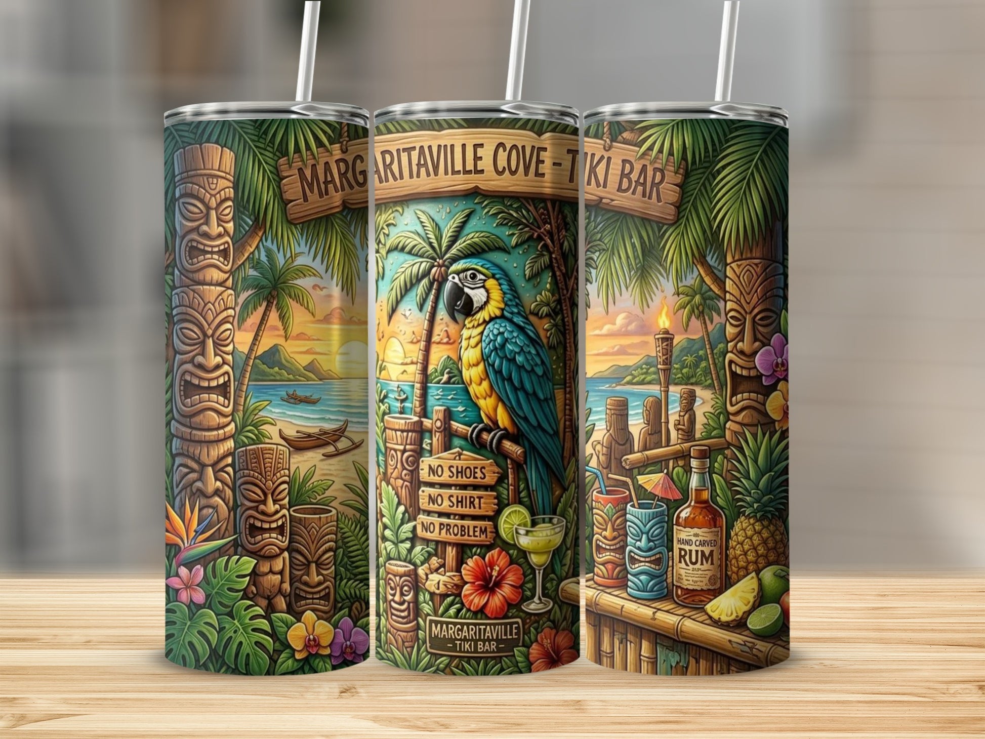 Tiki bar scene with a parrot, rum, and "Margaritaville Cove - Tiki Bar" text.
