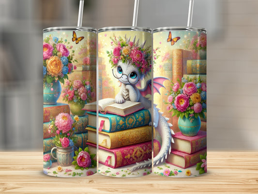 Adorable Dragon with Flowers and Books Tumbler product