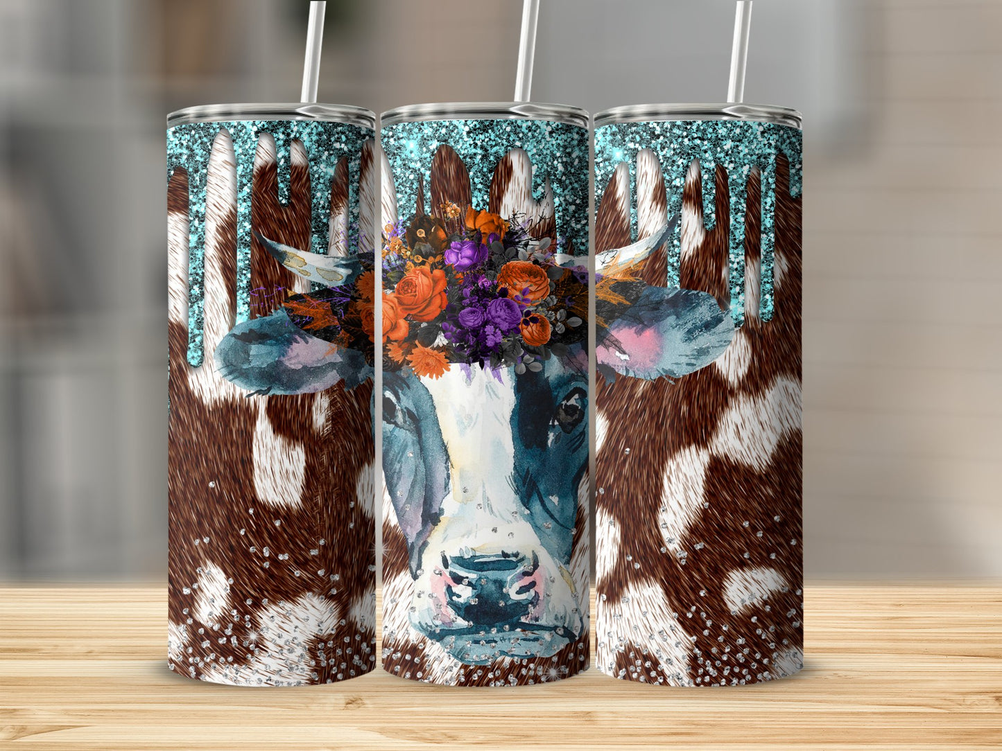 Floral Cow Design Glitter Tumbler product type