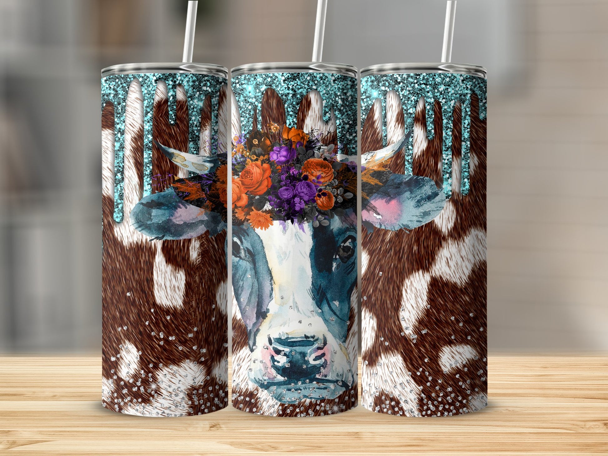 Floral Cow Design Glitter Tumbler product type