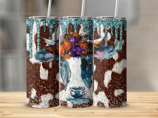 Floral Cow Design Glitter Tumbler product type