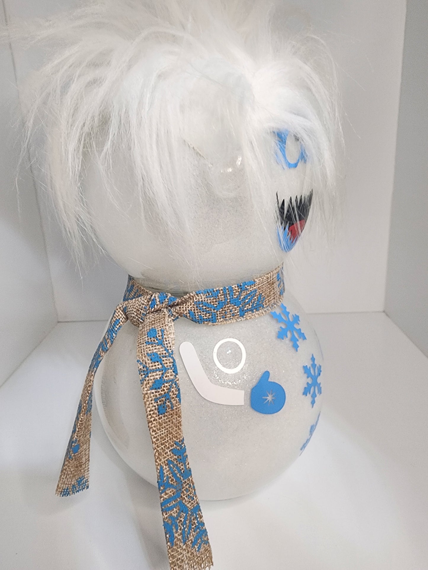 Cute White and Blue Snowman with Brown Scarf Decor