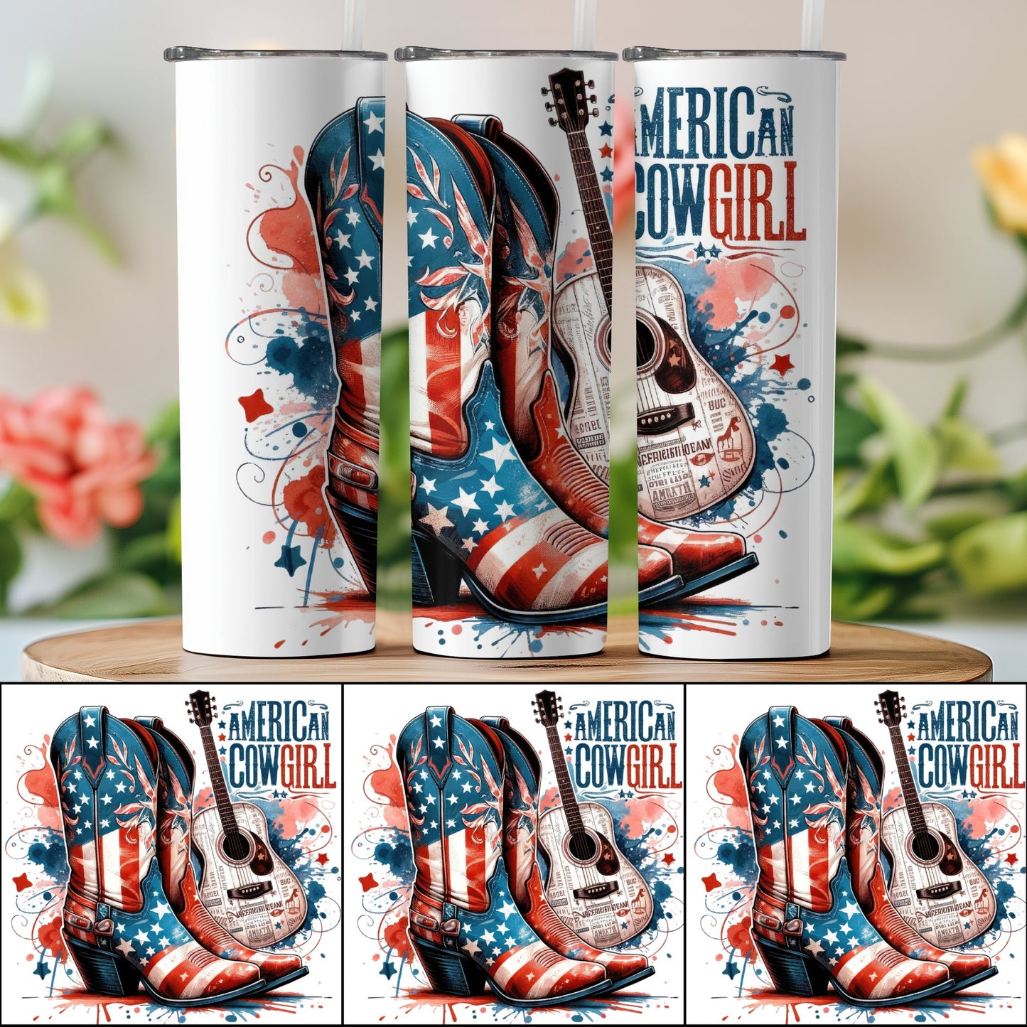 American Cowgirl Boots and Guitar Patriotic (4th July Tumblers) 8371294