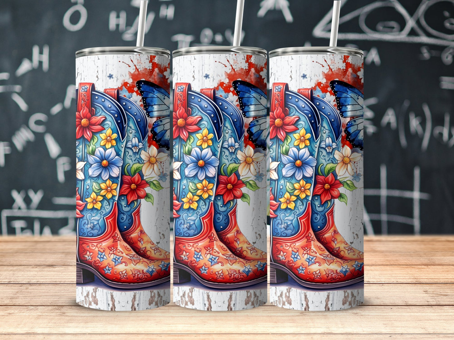 Colorful Cowboy Boots and Butterflies Floral (4th July Tumblers) 8371287