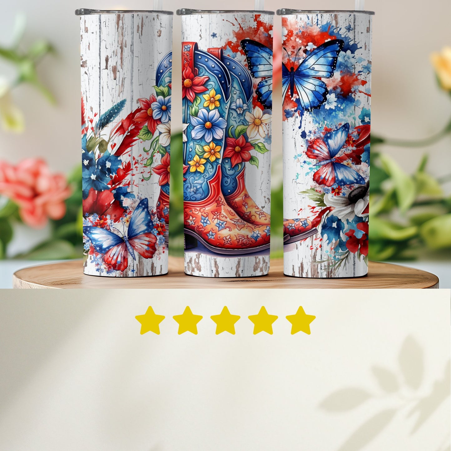 Colorful Cowboy Boots and Butterflies Floral (4th July Tumblers) 8371287