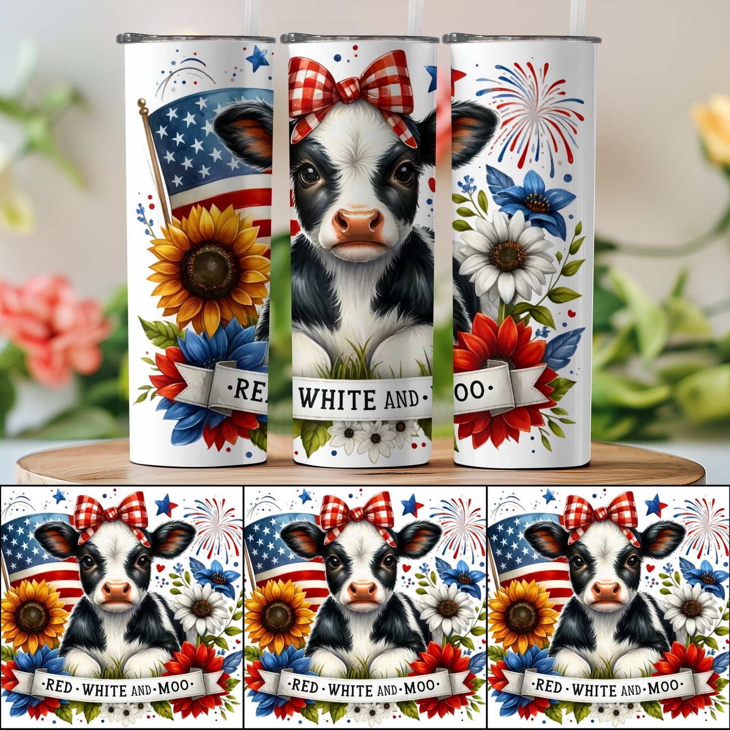 Patriotic Cow with American Flag and Sunflowers (4th July Tumblers) 8371271