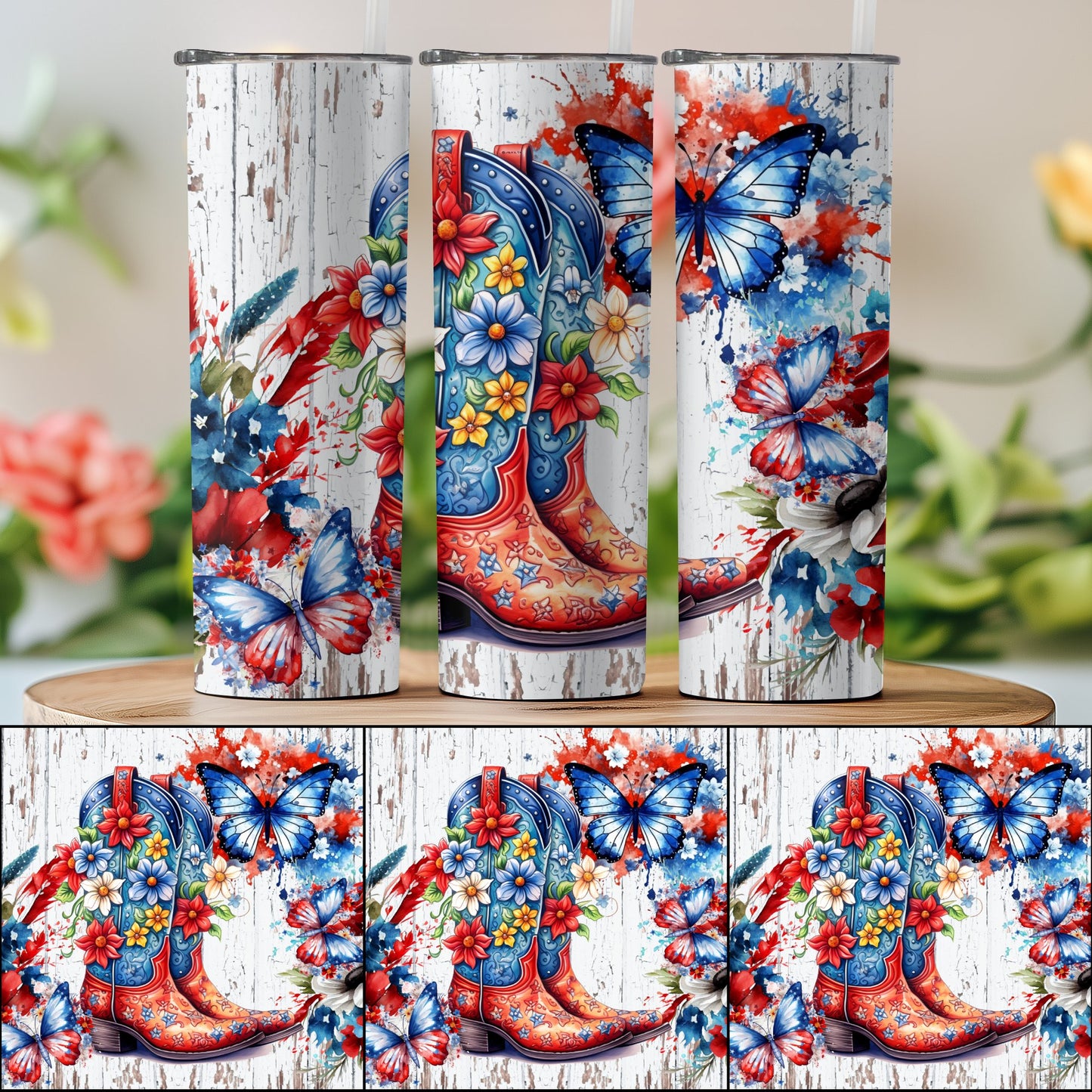 Colorful Cowboy Boots and Butterflies Floral (4th July Tumblers) 8371287
