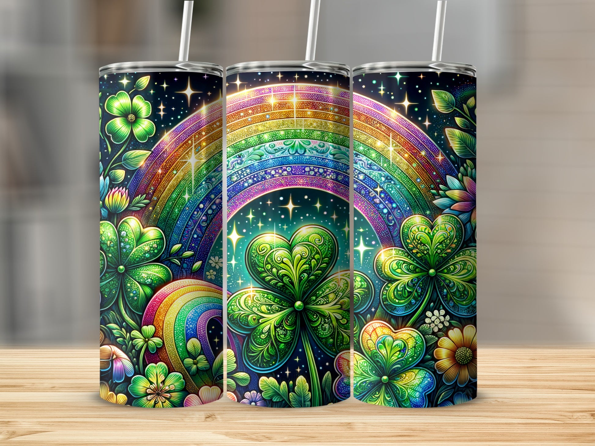 Colorful Shamrock and Rainbow Design Tumbler Product