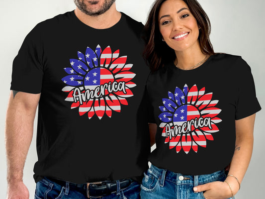 Couple wearing black t-shirts with sunflower flag print and "America" text.