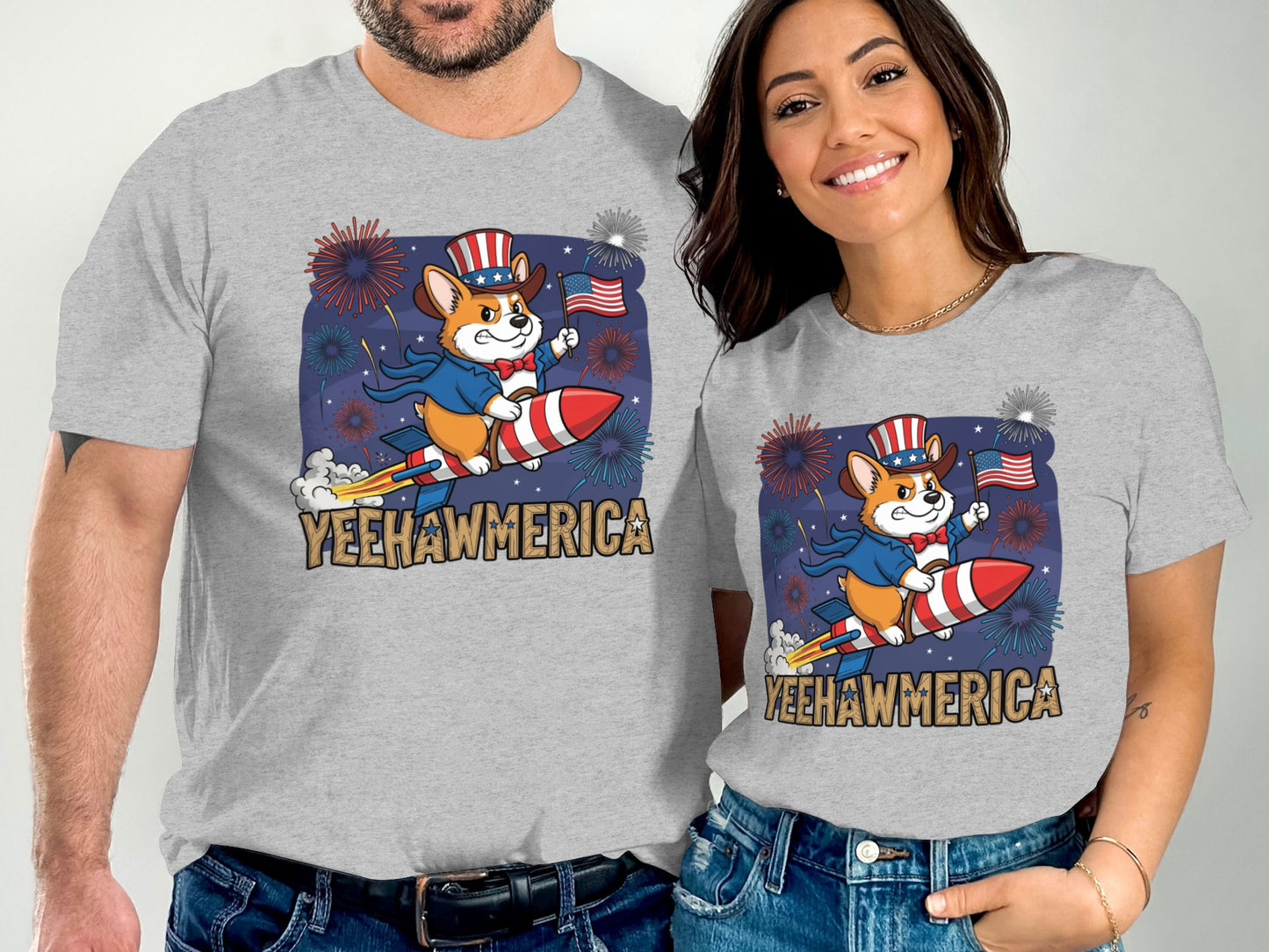Couple in matching t-shirts with patriotic corgi riding a rocket.