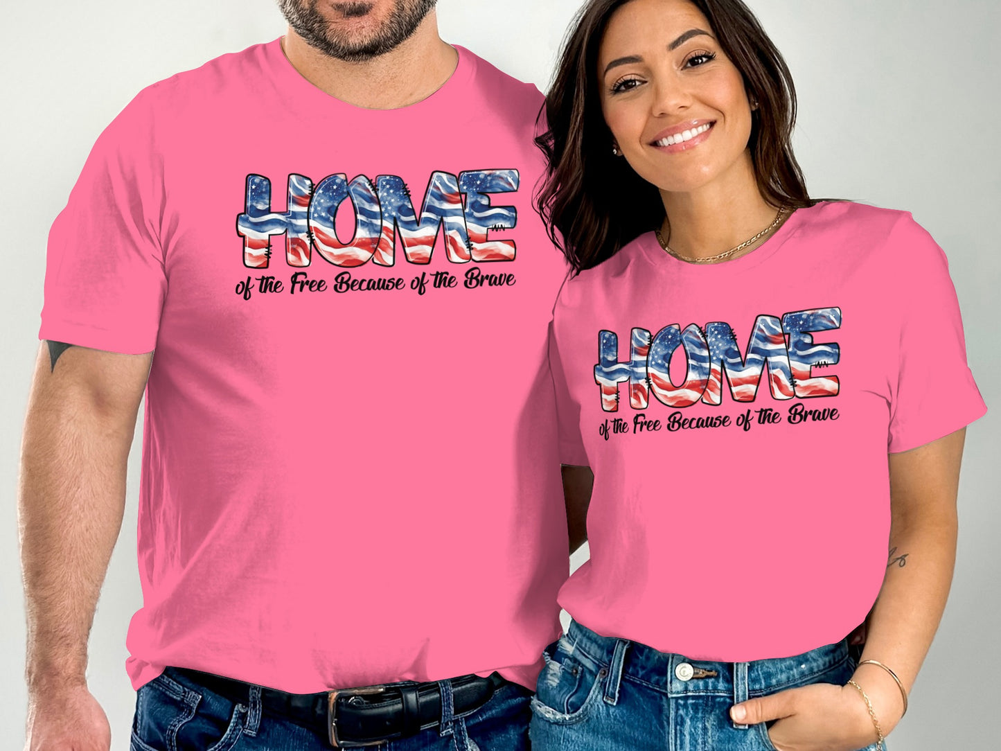 Pink t-shirts with "HOME of the Free Because of the Brave" in patriotic text.