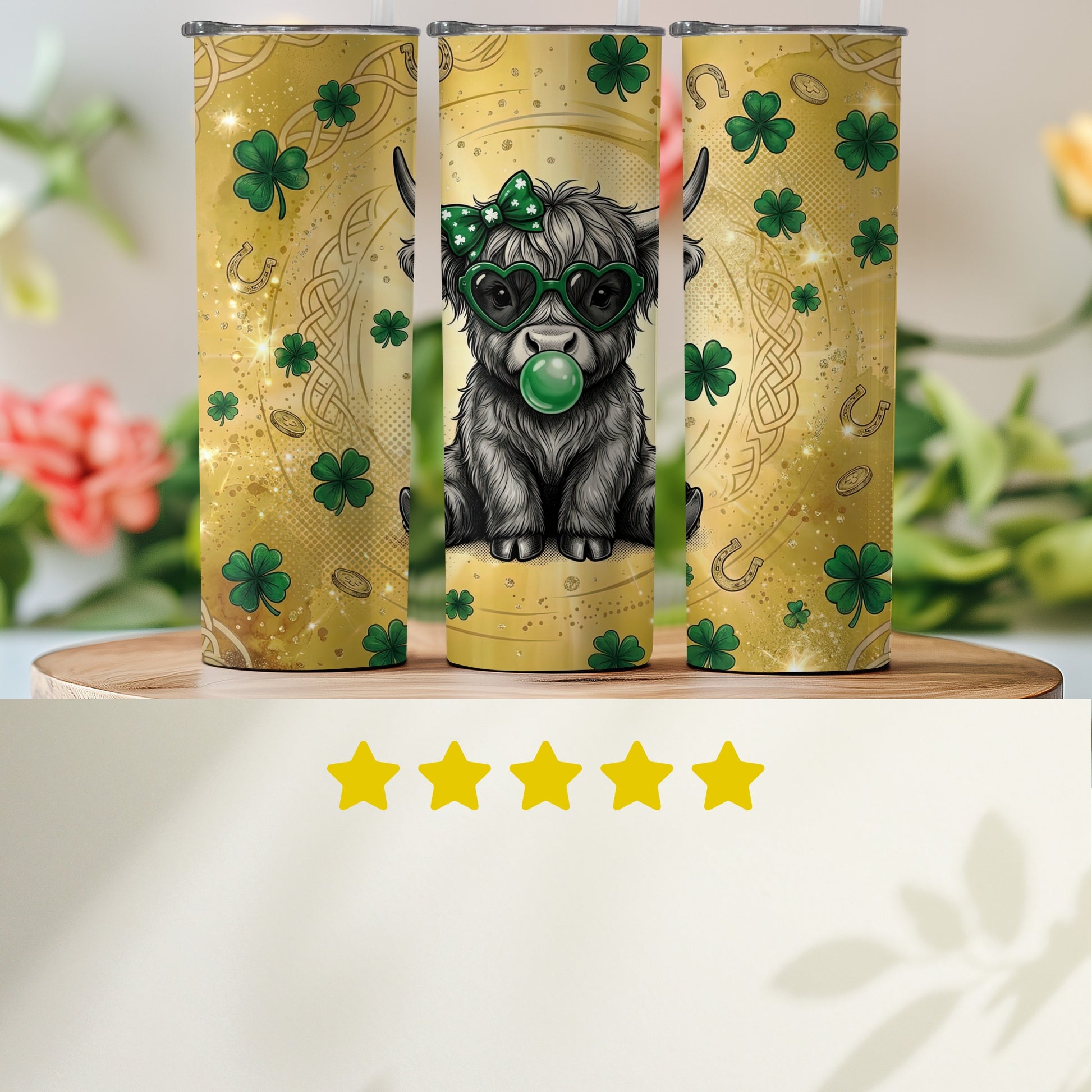 Cute Highland Cow Shamrock Pattern Tumbler for Sale