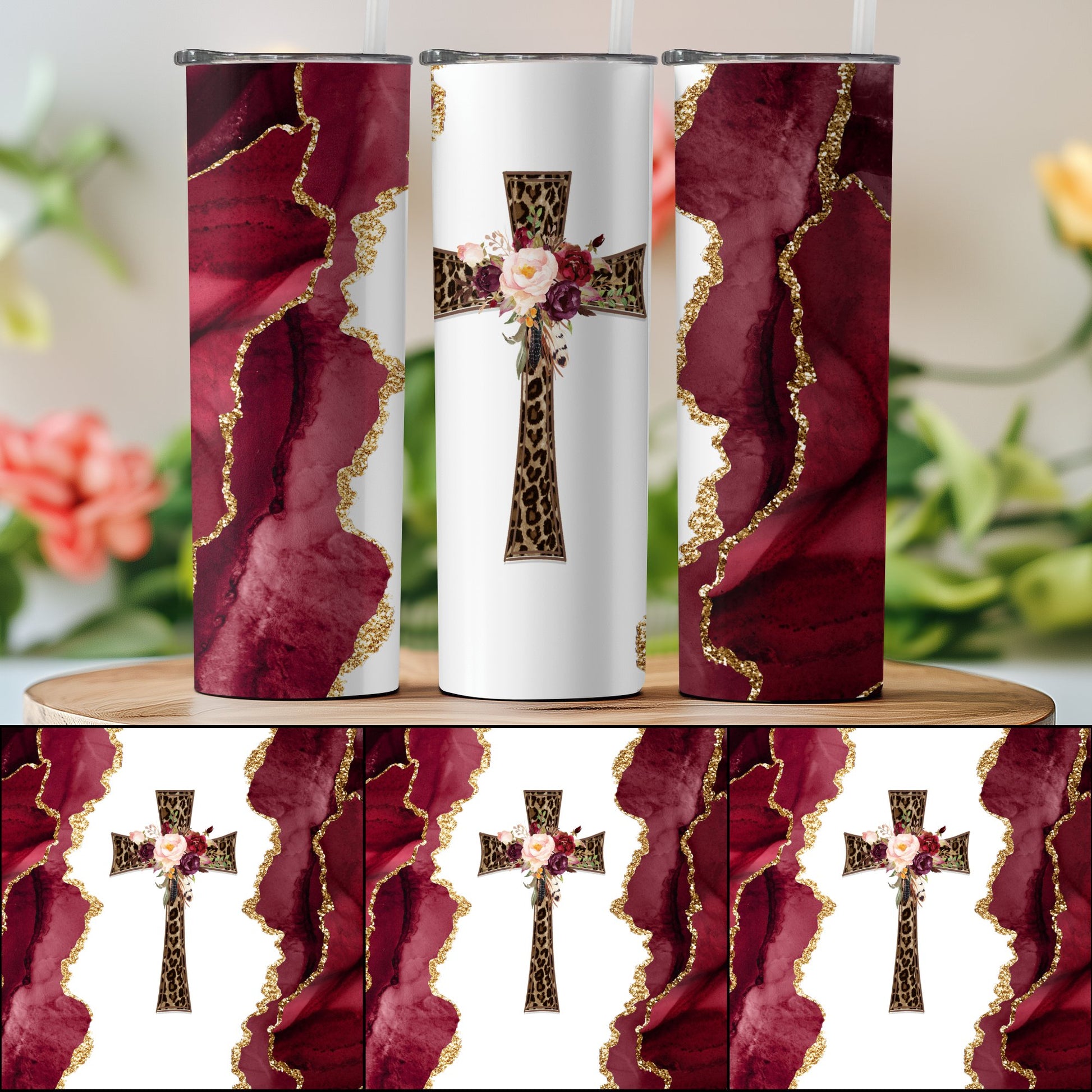 Burgundy Leopard Print Cross Tumbler Design product type