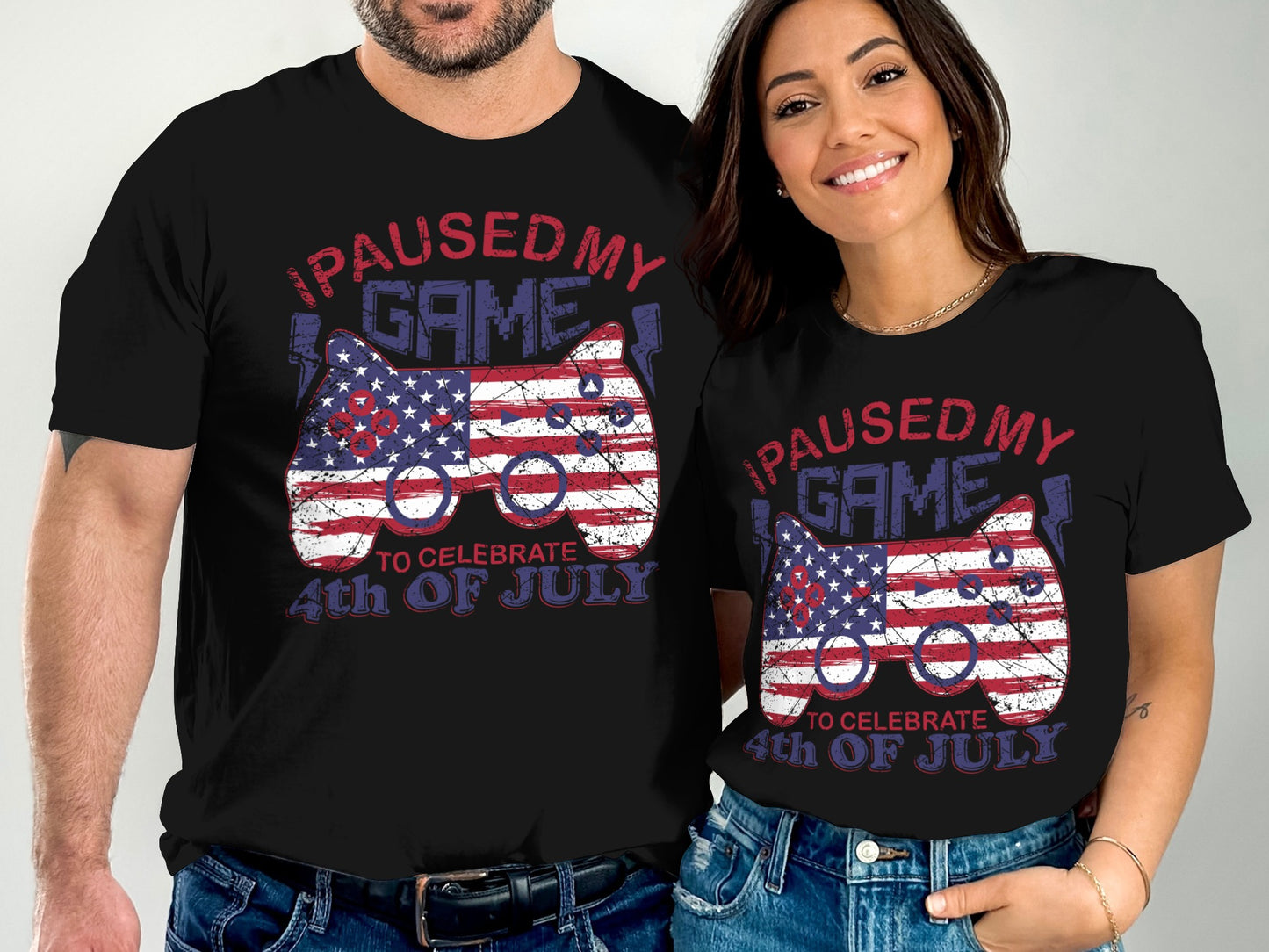 T-shirts with "PAUSED MY GAME TO CELEBRATE 4th OF JULY" and distressed flag.