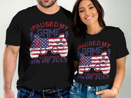 T-shirts with "PAUSED MY GAME TO CELEBRATE 4th OF JULY" and distressed flag.