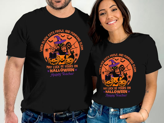 Halloween Happy Teacher Black Cats Prowl Pumpkins T-shirt