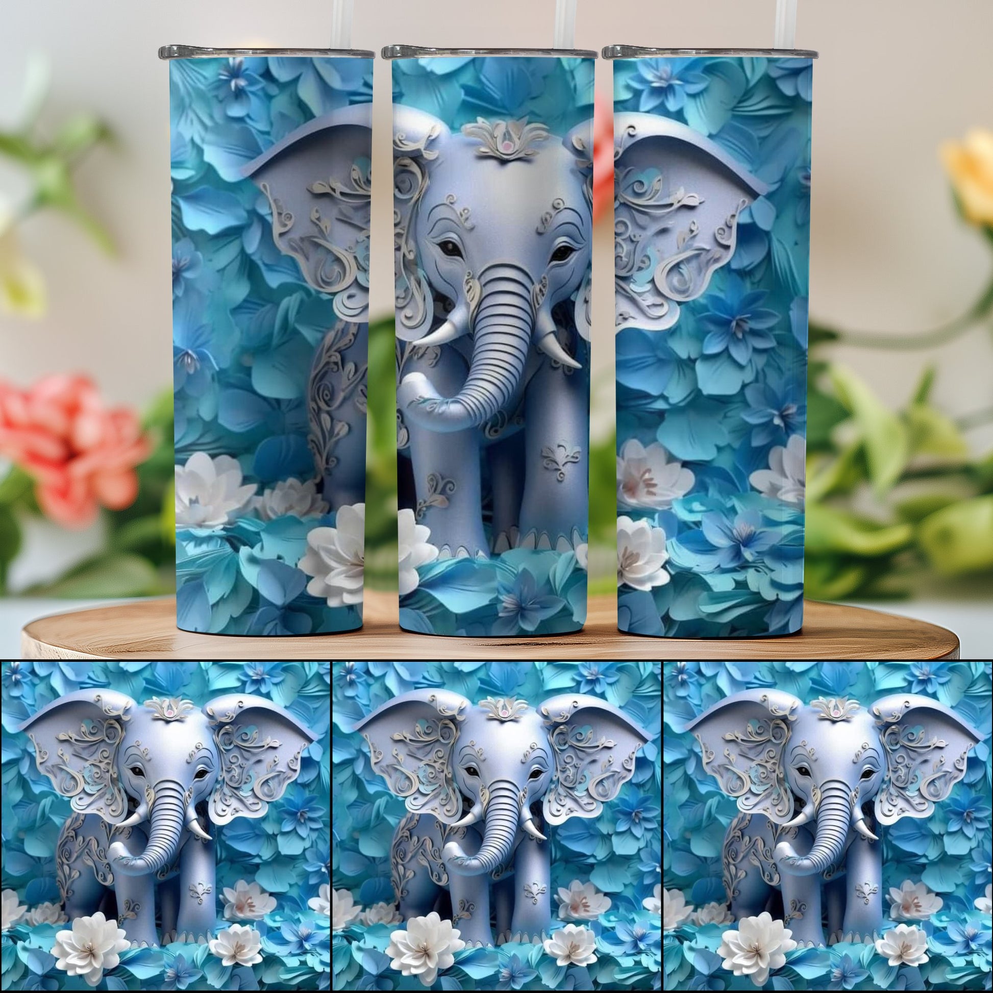 Elegant Blue Elephant Floral Design Tumbler product type