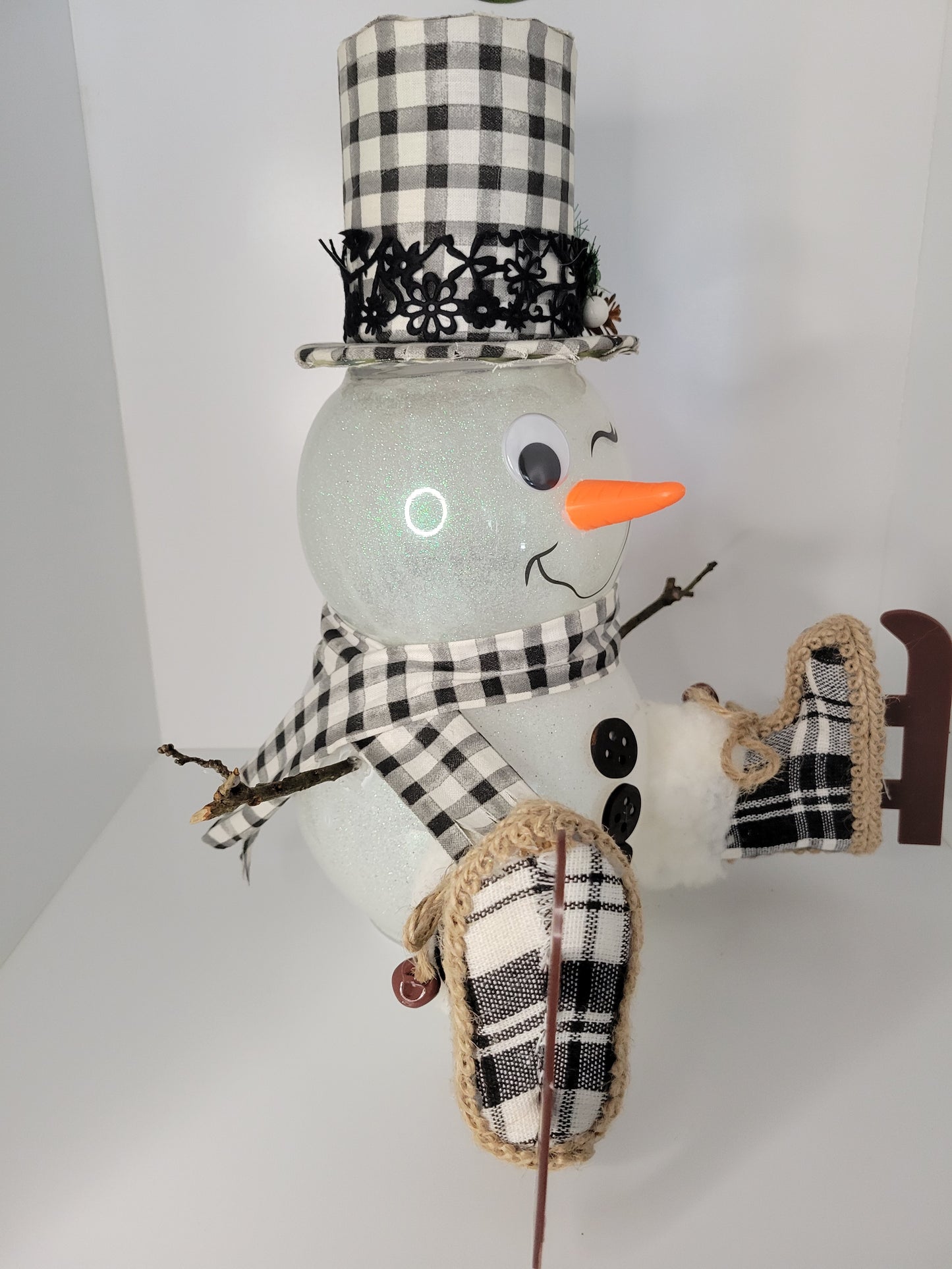 Black and White Snowman in Checkered Outfit Decor