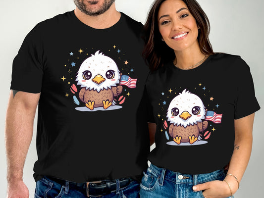 Couple wearing black t-shirts with cartoon eagle holding American flag.