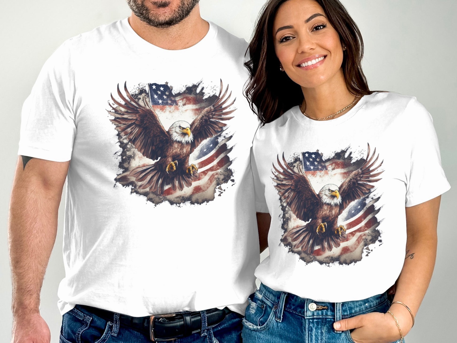 Two white t-shirts feature a bald eagle with American flag background.