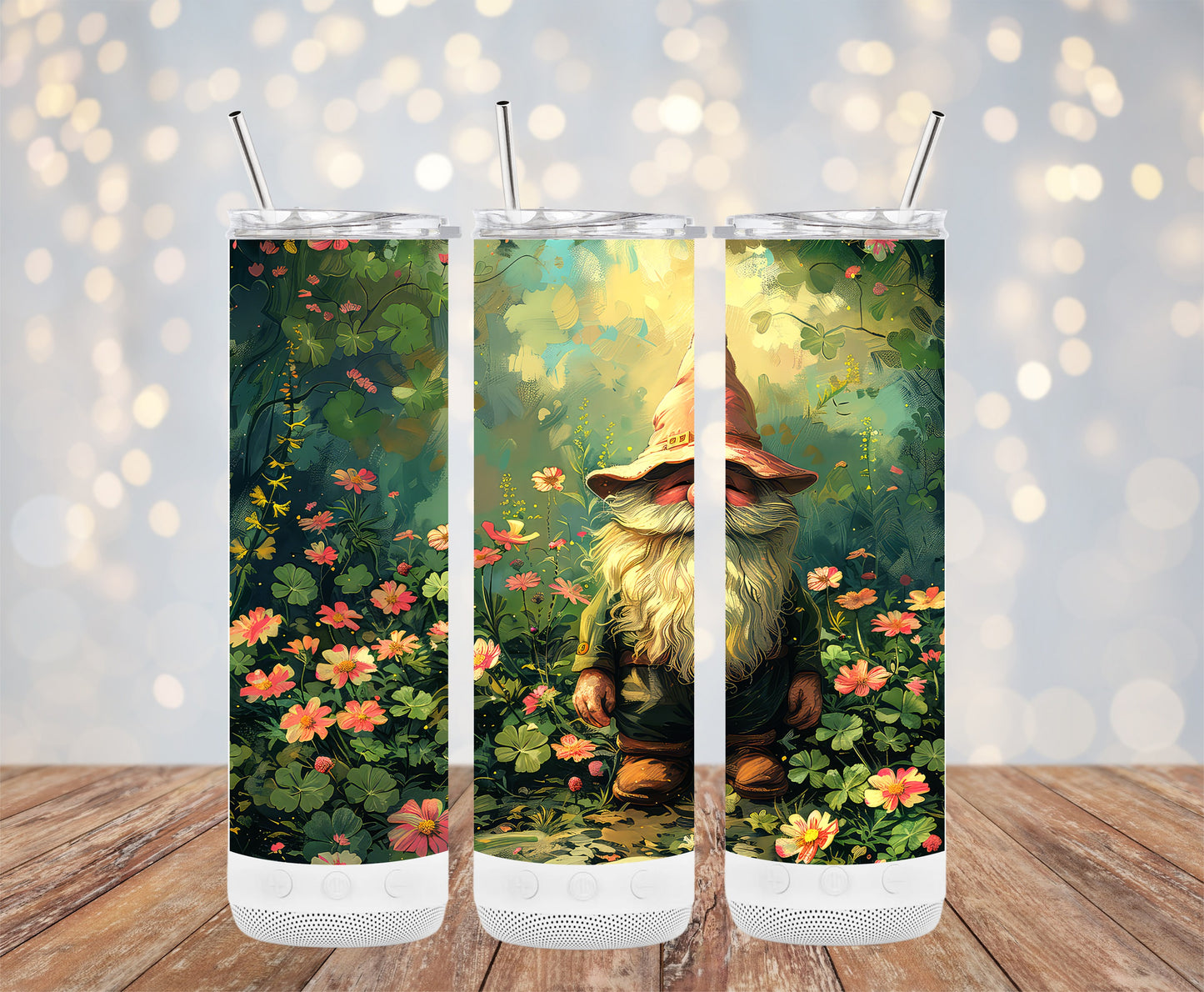 Enchanting Garden Gnome and Flowers Tumbler Cup