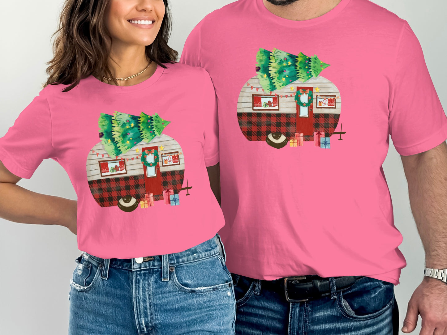 Christmas Camping Scene with Trees on Pink Shirt