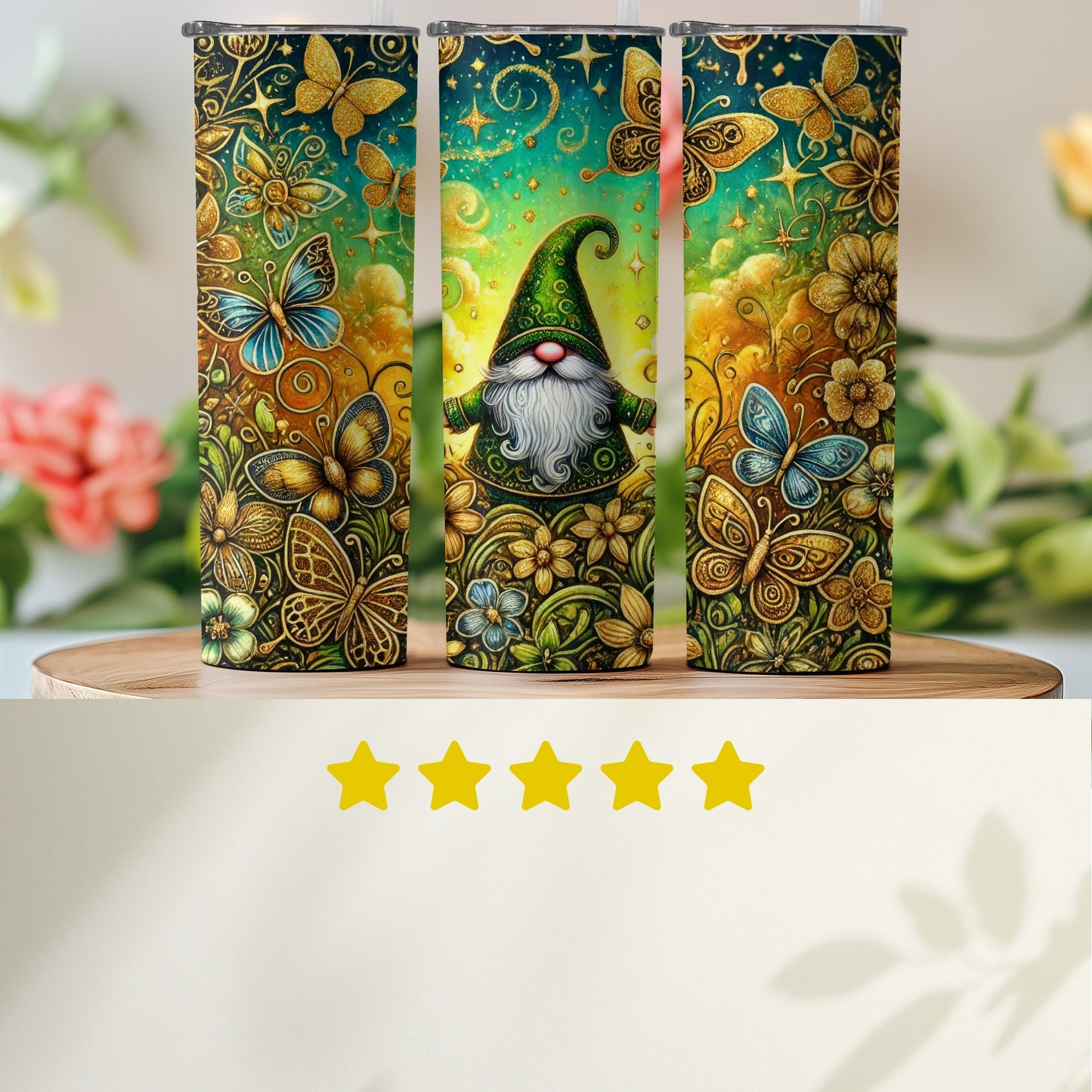 Vibrant Gnome and Butterflies Themed Tumbler Design