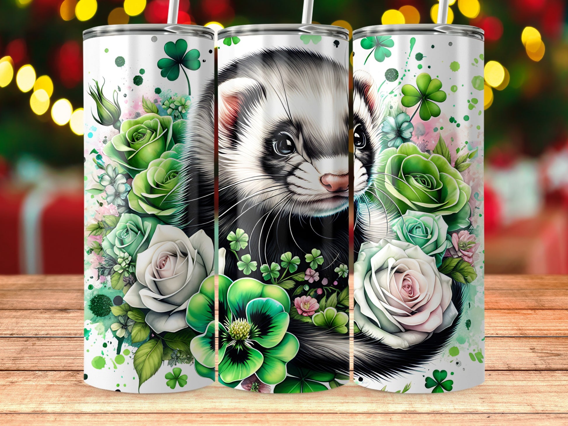 Cute Ferret with Green Flowers Graphics Tumbler