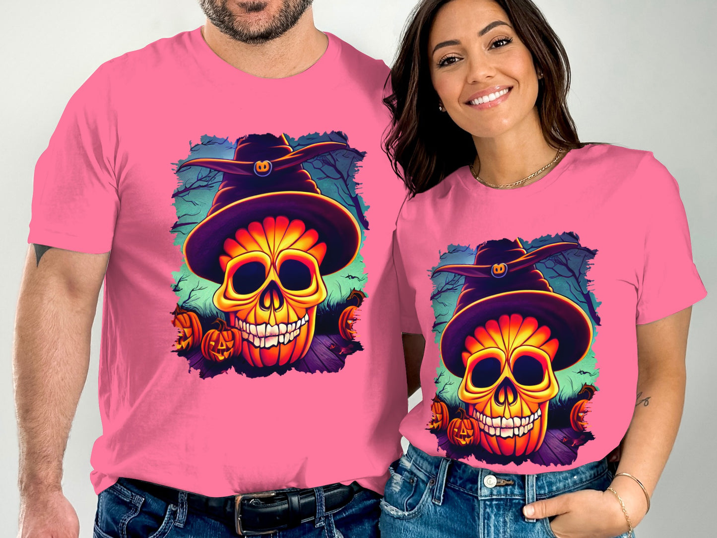 Neon Skull Witch Hat Halloween Pink T-shirt product