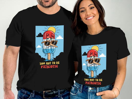 Black t-shirts with melting popsicle wearing sunglasses and "Too Hot To Be Patriotic" text.