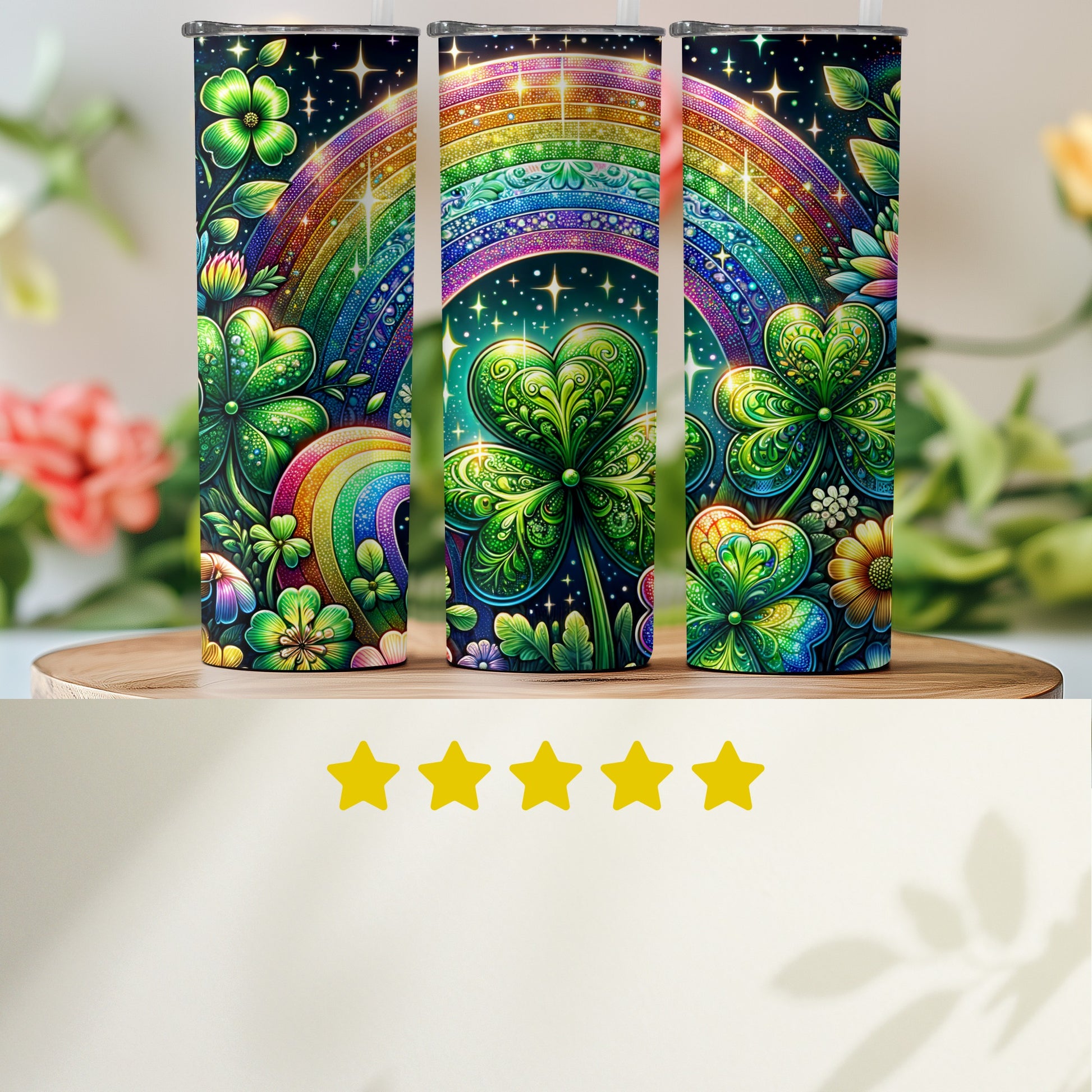Colorful Shamrock Rainbow Tumbler with Four Leaf Clover Design