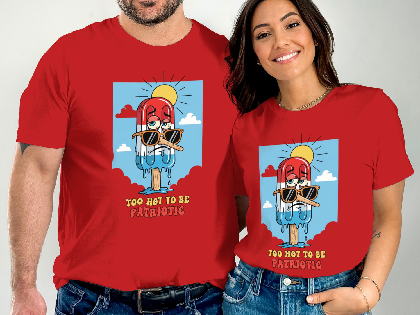 Red t-shirts featuring a melting popsicle graphic with "TOO HOT TO BE PATRIOTIC" text.
