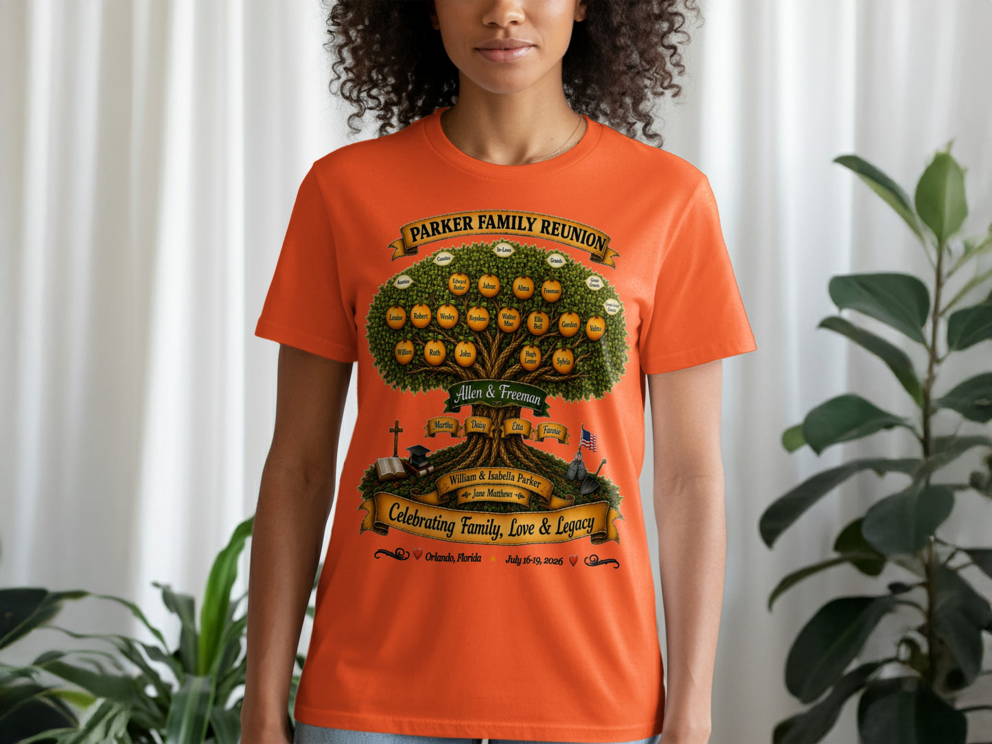 Parker Family Reunion t-shirt with family tree and names, Orlando, Florida July 16-19, 2026.
