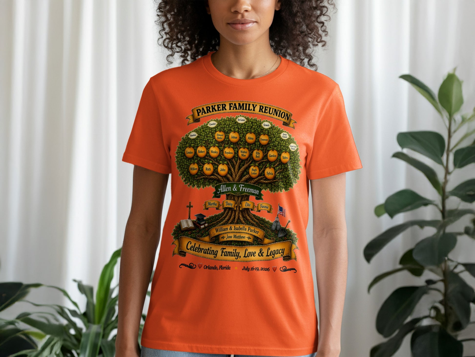 Parker Family Reunion t-shirt with family tree and names, Orlando, Florida July 16-19, 2026.