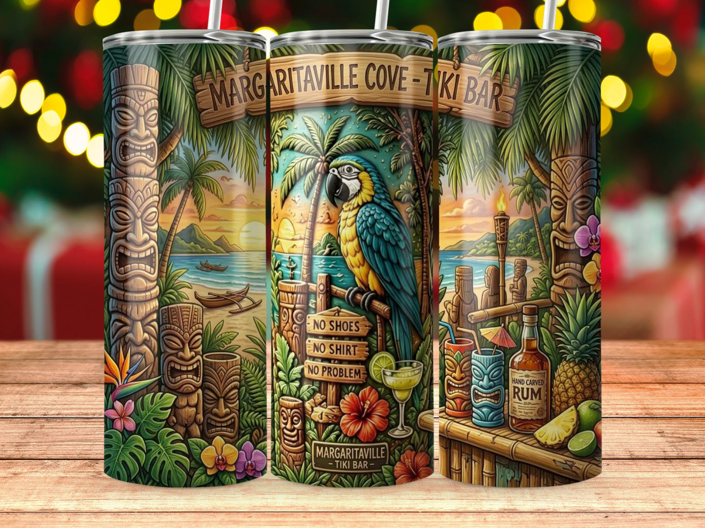Tiki themed tumbler with a parrot, drinks, and text "Margaritaville Cove - Tiki Bar".
