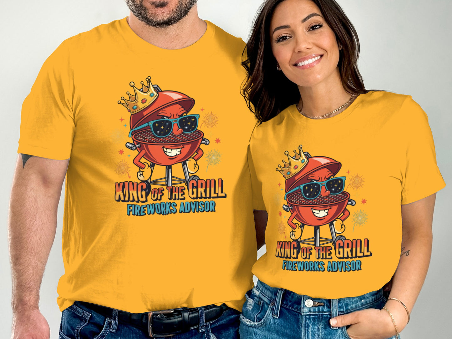 Yellow t-shirts with a cartoon grill wearing sunglasses and a crown, reading "King of the Grill Fireworks Advisor".