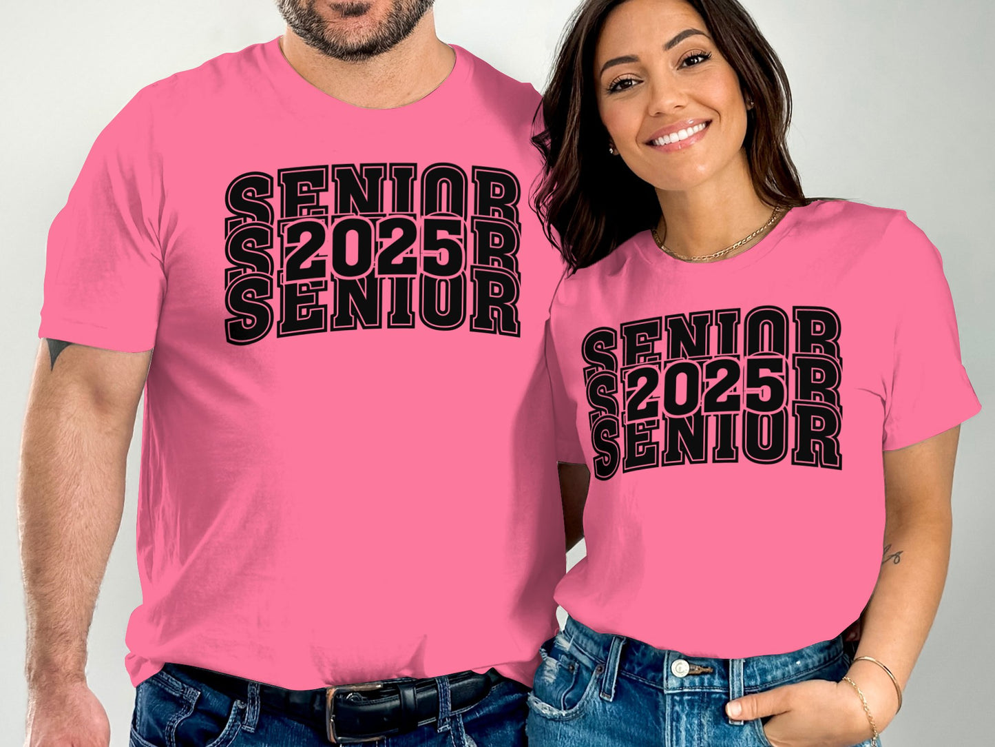 Senior Class of 2025 Bright Pink T-Shirt, Matching Couple Graduation Tees, Customizable Year High School College Apparel.