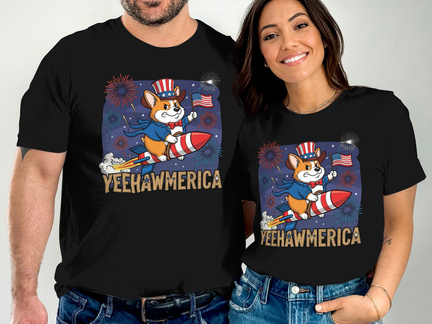 Couple wearing black t-shirts with a cartoon corgi riding a rocket.