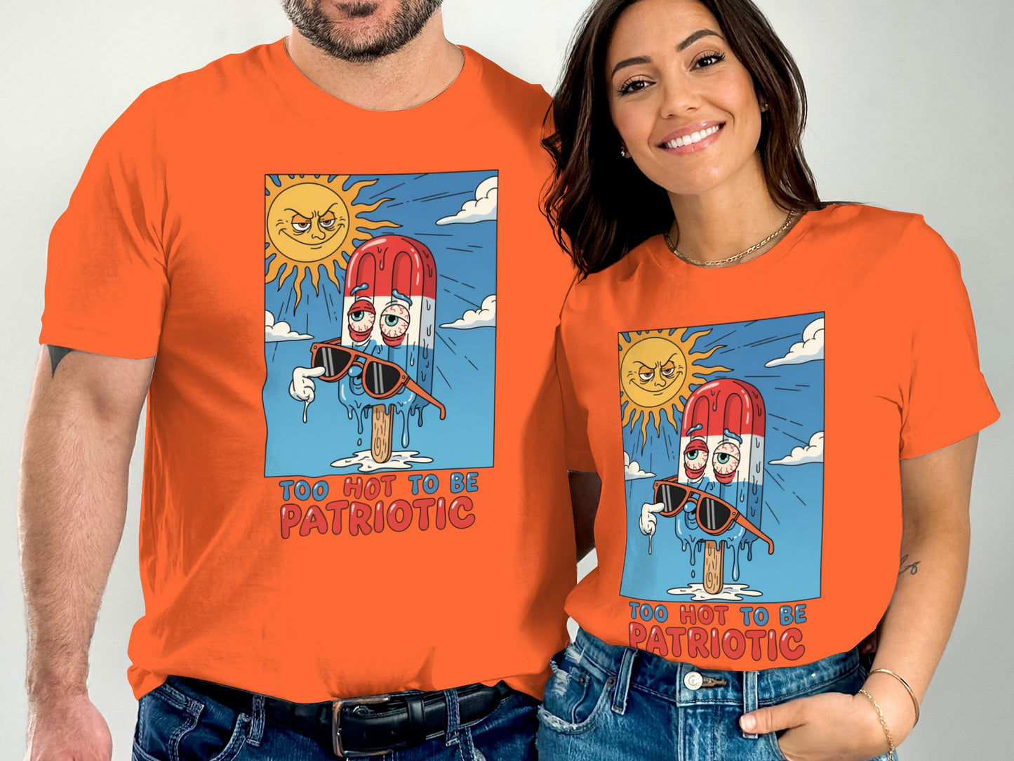 Orange t-shirt with popsicle illustration and "Too Hot To Be Patriotic" text.