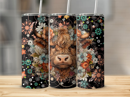 Highland Cow Floral Art Insulated Tumbler product