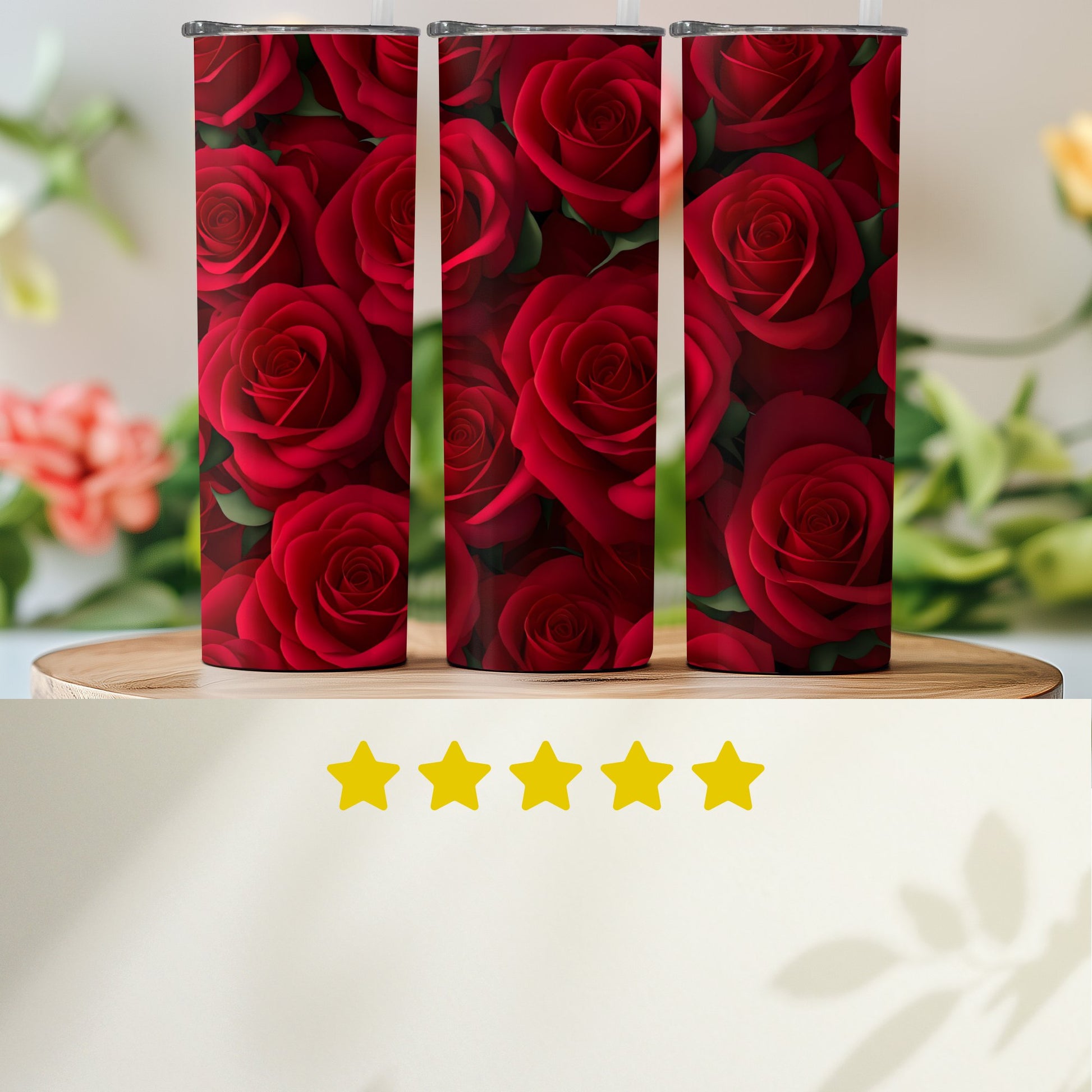 Elegant Red Rose Print Tumbler with Five Star Design product