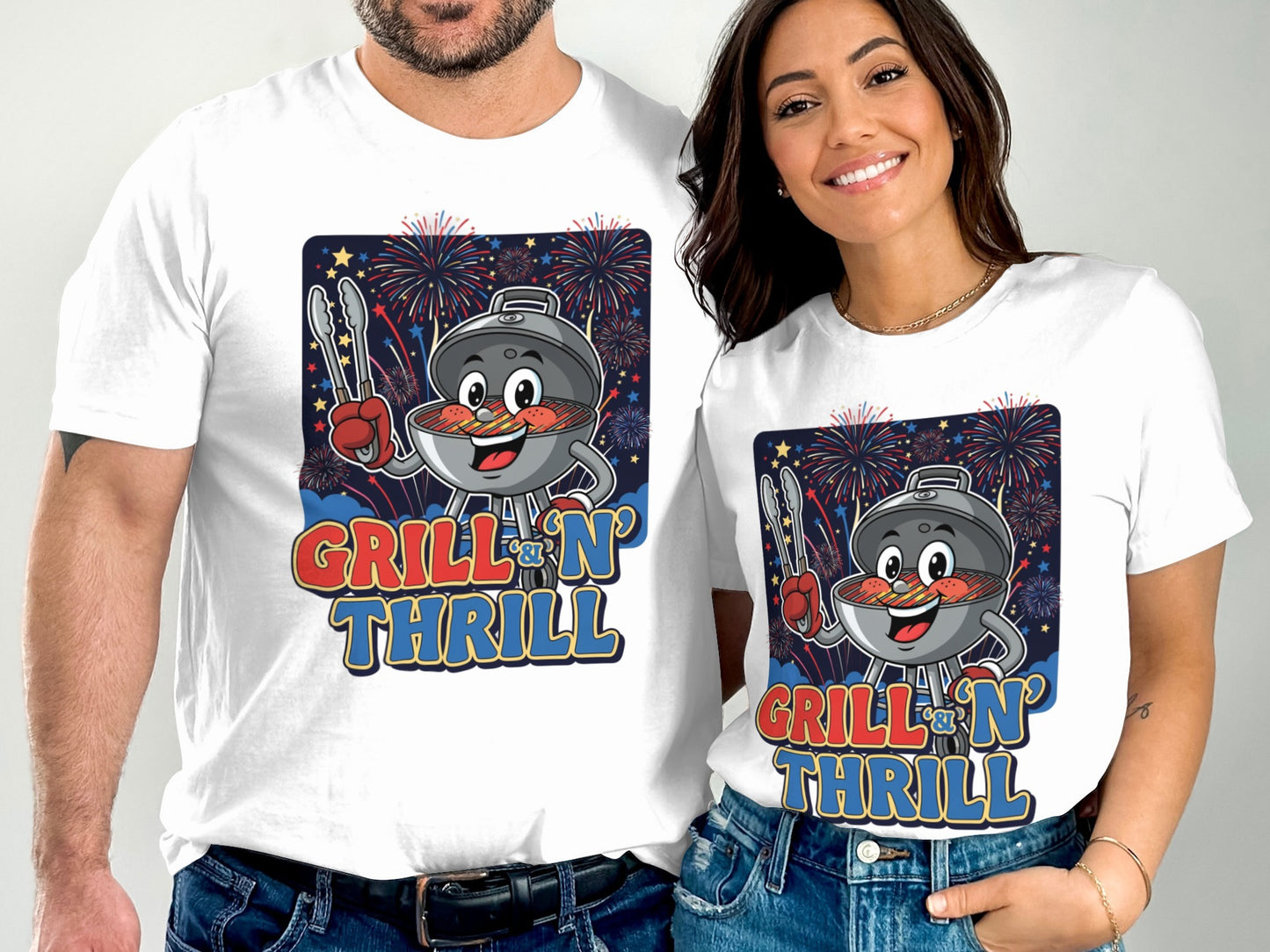 Couple wearing matching t-shirts with cartoon grill and "Grill 'N' Thrill" text.