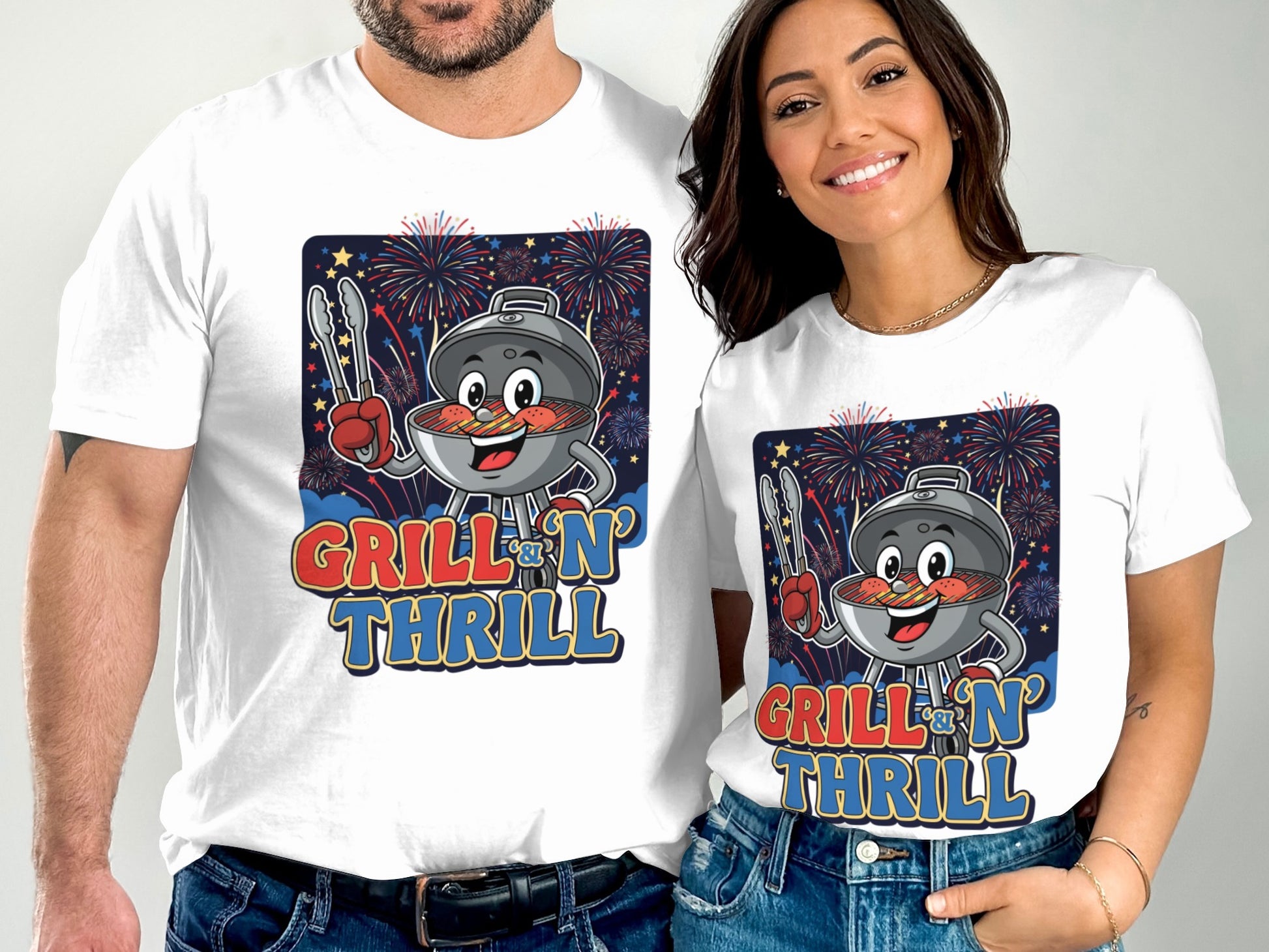 Couple wearing matching t-shirts with cartoon grill and "Grill 'N' Thrill" text.