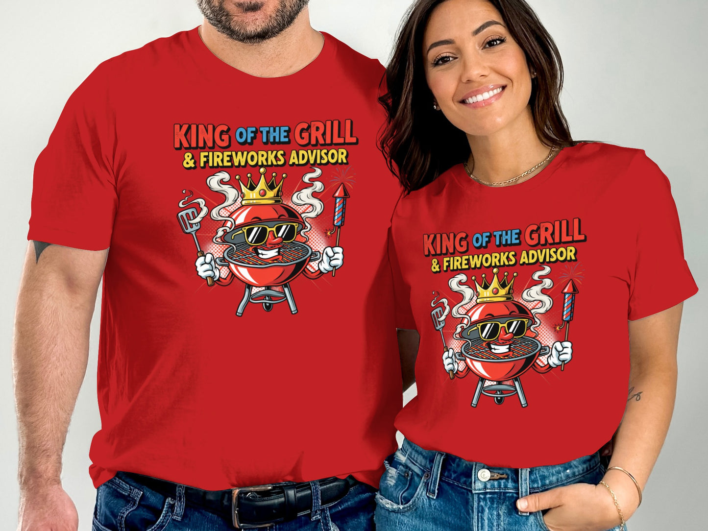 Red t-shirts with King of the Grill & Fireworks Advisor text and graphic.