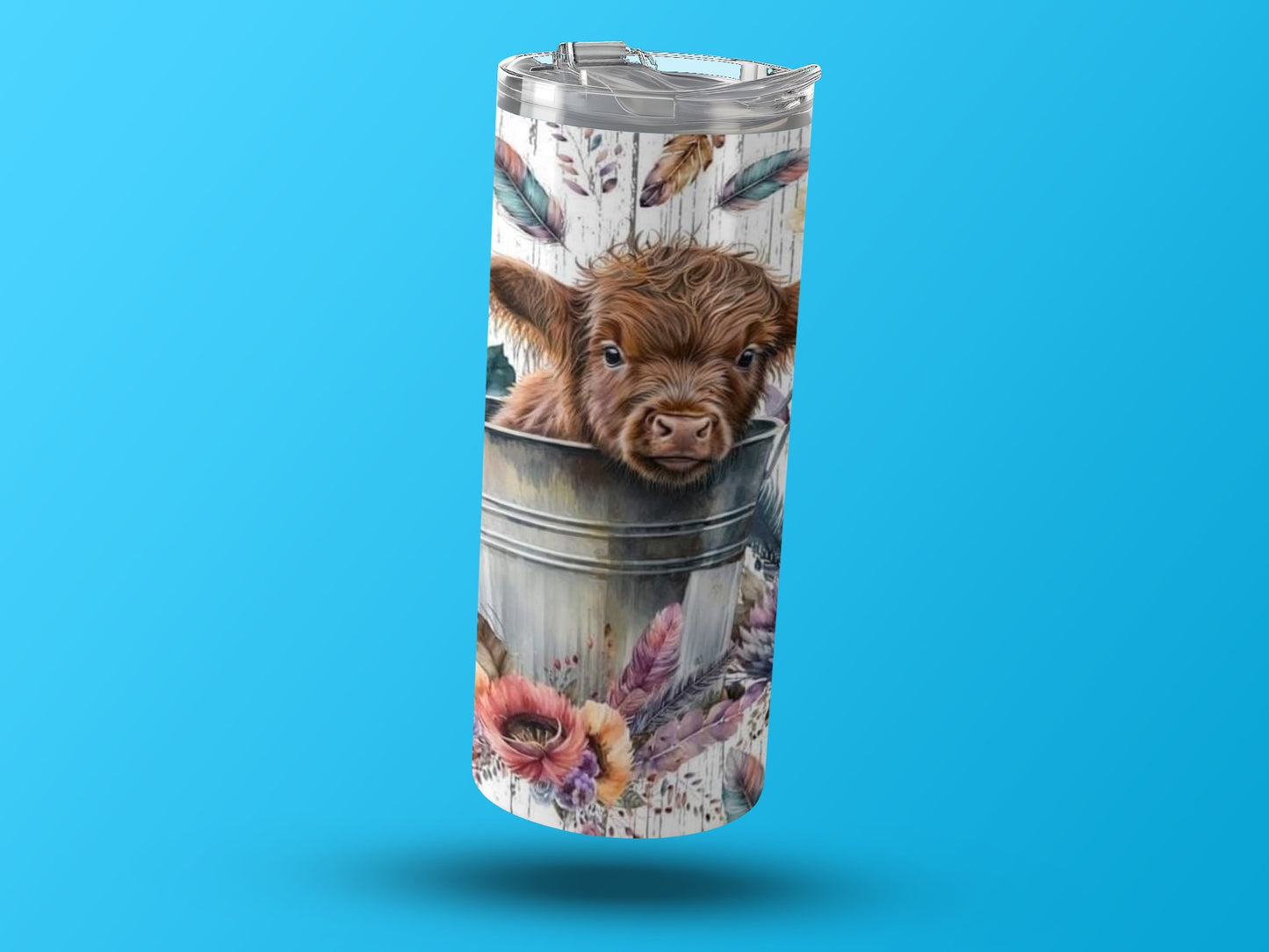 Cute Highland Cow Floral Feathers Design Tumbler product