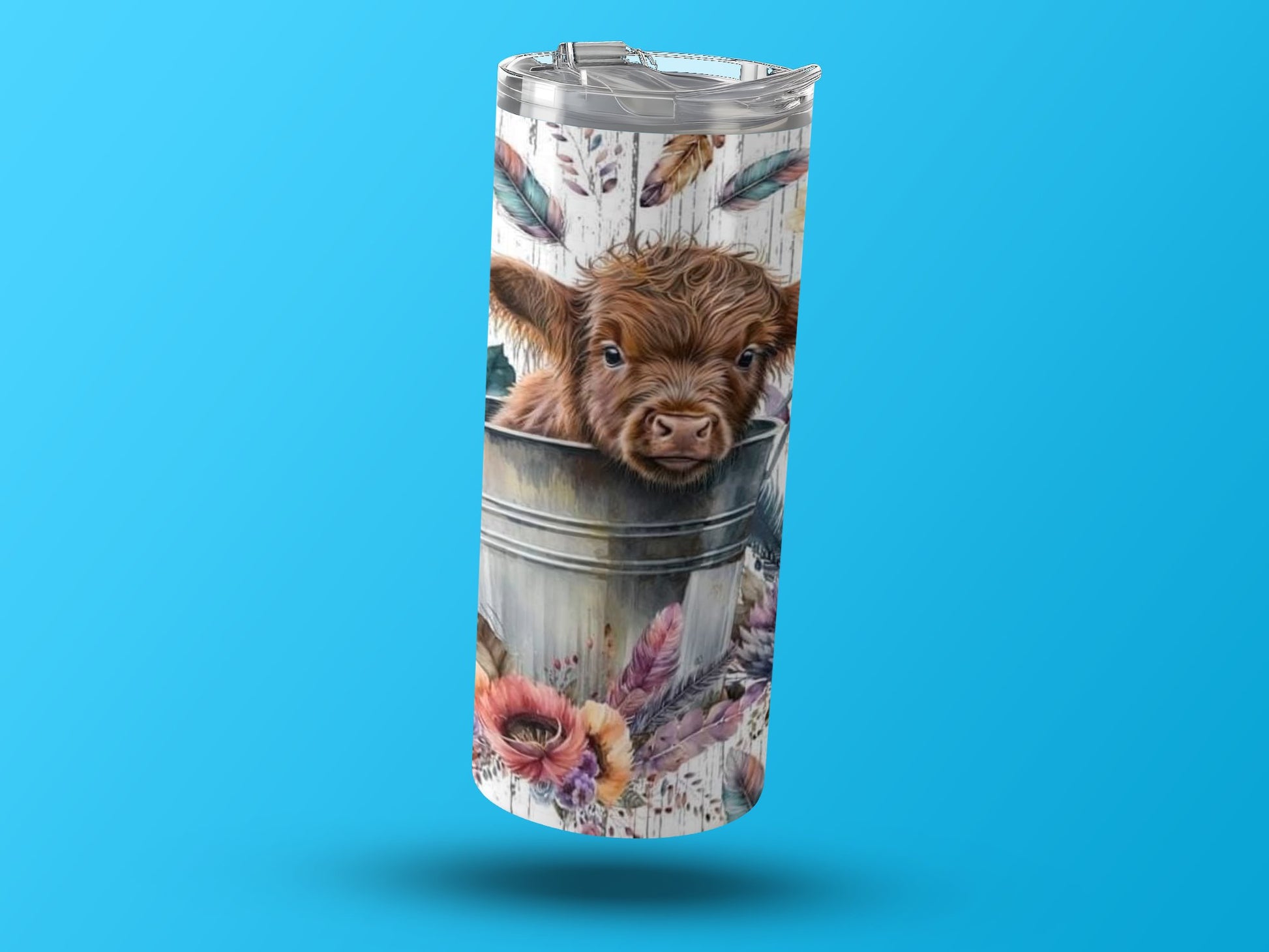 Cute Highland Cow Floral Feathers Design Tumbler product