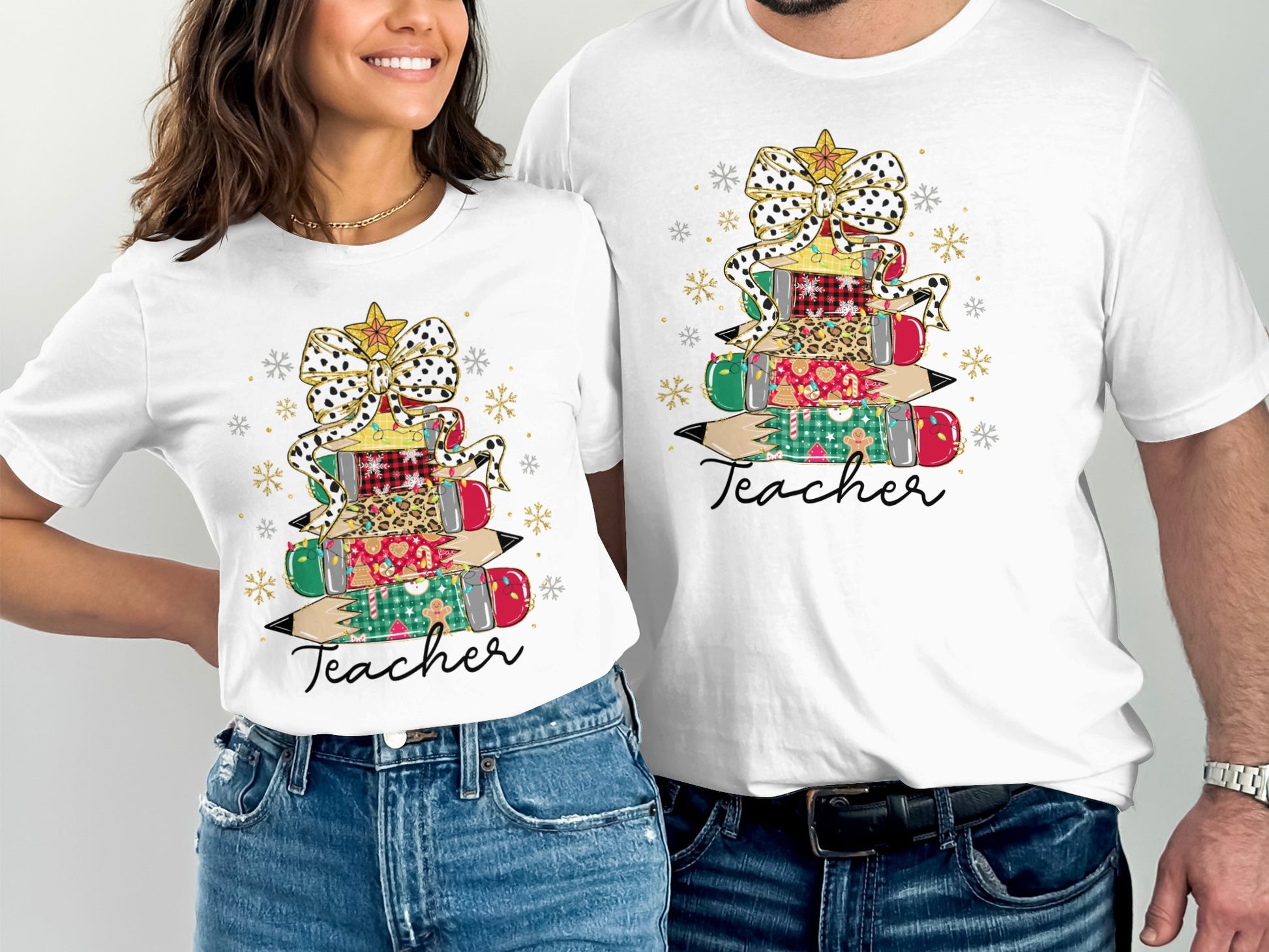 Festive Teacher Christmas Stack Patterned T-Shirt