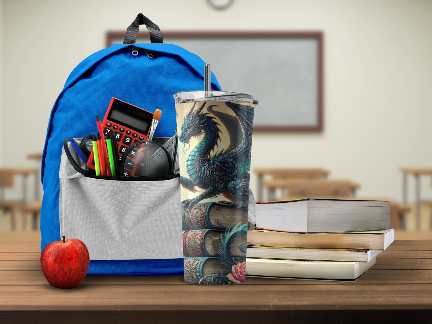 Dragon design insulated tumbler on a classroom product