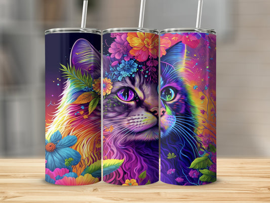Colorful Artistic Cat Floral Design Tumbler product