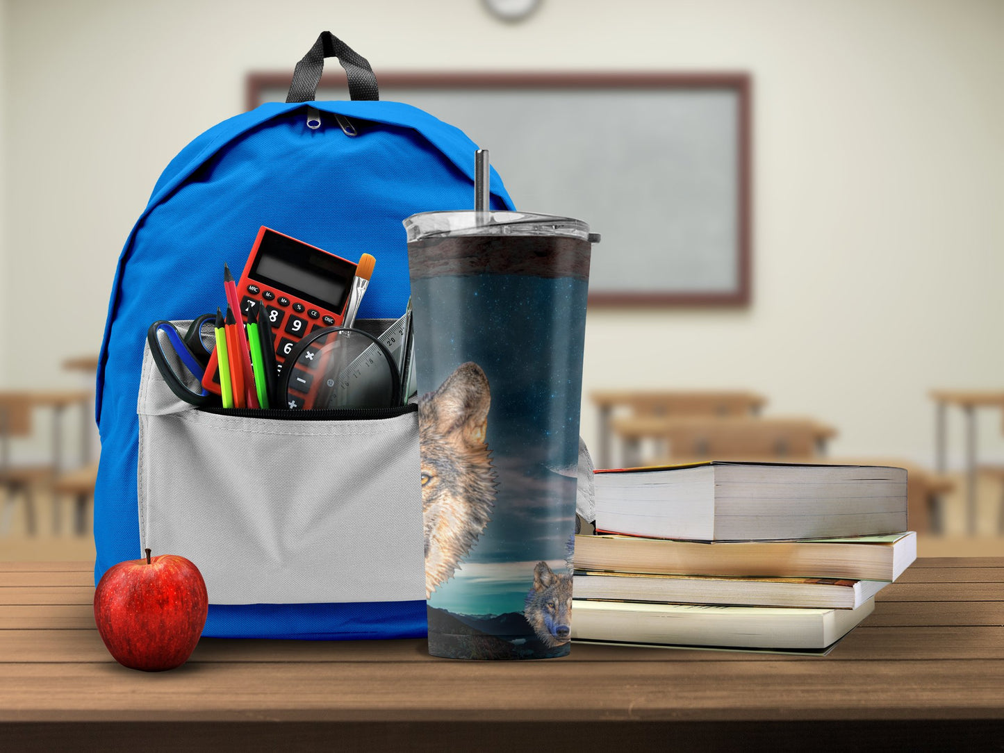 Spacious Blue Backpack and Wolf Tumbler School product